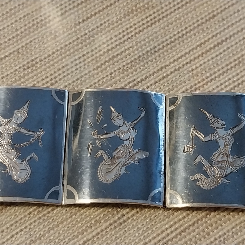 Vintage Sterling Silver Godess Siam Link Panel Bracelet
